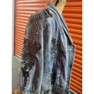 Oversized Embroidered Sequined Blue Jean Jacket Size Medium